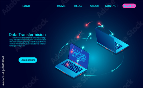 Data Transfermision and exchange of data between computers. vector illustration isometric style
