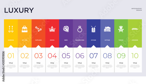 10 luxury concept set included limousine, throne, cottage, vip pass, diamond ring, gems, crown, cufflinks, gift bag icons
