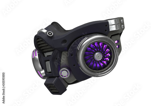 Futuristic chemical gas mask with protective scratched metal filters. Modern military black gray respirator with neon light. Concept art air pollution. 3d illustration isolated on white background