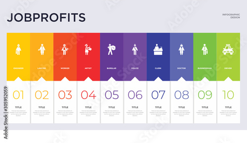 10 jobprofits concept set included driver, businessman, doctor, clerk, police, burglar, artist, worker, lawyer icons