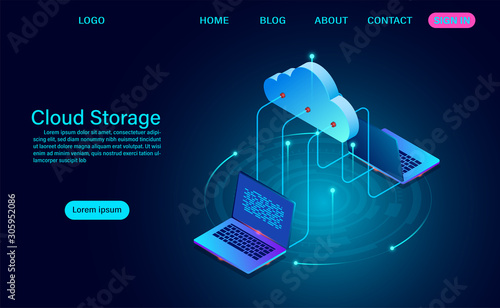 cloud storage technology and networking concept. Online computing technology. big data flow processing concept, vector illustration