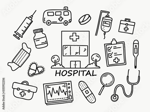Doodle hand draw on tablet is hospital element. Vector illustration.