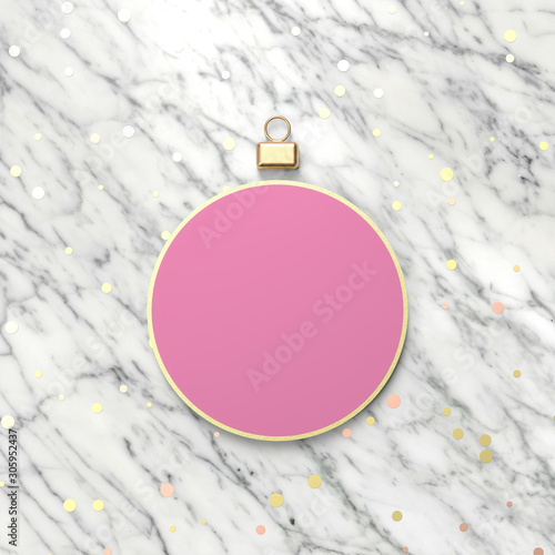 Creative pink Christmas ball for product display. 3d Christmas background. top view. flat lay.