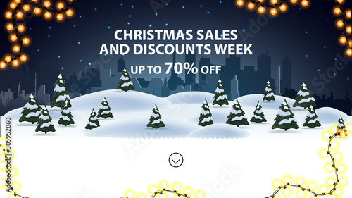 Christmas sales and discounts week, up to 70% off, discount banner for website with night cartoon winter landscape on the background