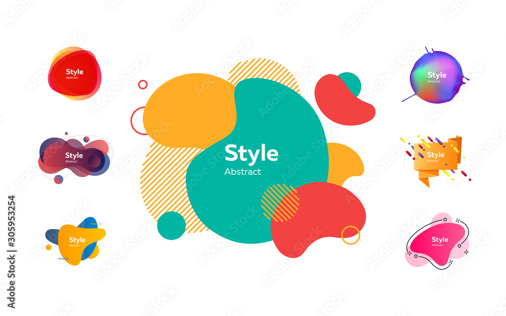 Geometric colorful badges set. Abstract geometric figures and lines on white background. Trendy minimal templates for presentations, banners, posters and flyers. Vector illustration