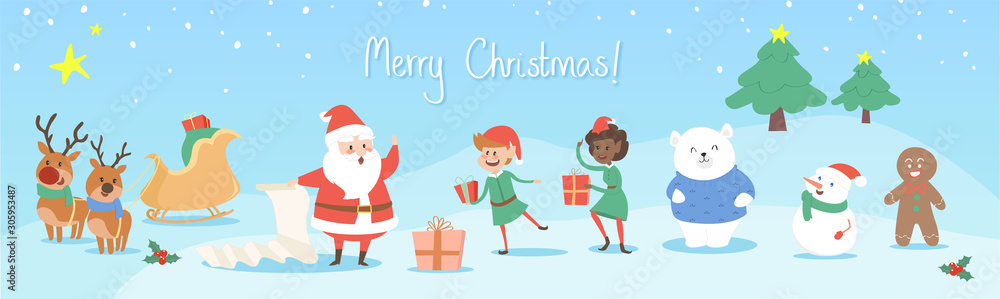 Set of christmas characters cute sleigh polar bear reindeers santa snowman flat vector style banner text merry concept kids invite childrens Set of christmas characters cute sleigh polar bear reindeers santa snowman flat vector style banner text merry concept kids invite childrens