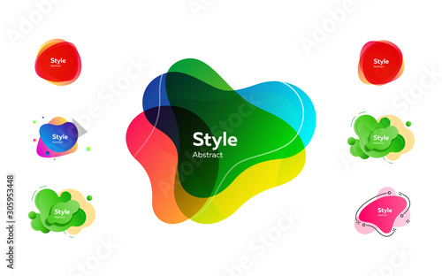 Irregular liquid shapes set. Colorful abstract badges with sample text. Trendy minimal templates for presentations, banners, flyers and posters. Vector illustration