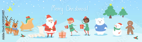Set of christmas characters cute sleigh polar bear reindeers santa snowman flat vector style banner text merry concept kids invite childrens 