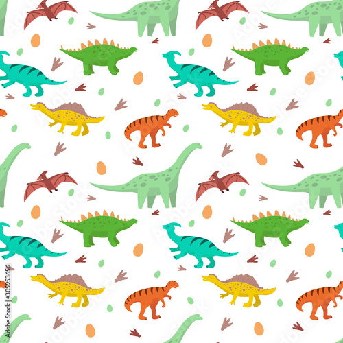 pattern of cartoon dinosaurs, diplodocus, stegosaurus, pteranodon