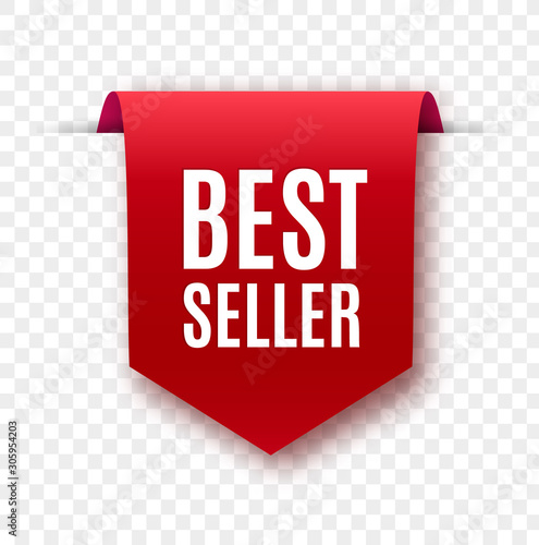 Best seller red ribbon isolated. Vector 3d labels.