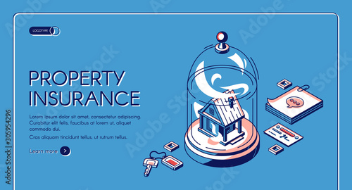 Property insurance isometric landing page. Real estate building stand under glass dome with keys, notes and businesscard. Home accident protection service 3d vector illustration line art web banner