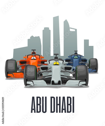 Cityline Abu Dhabi and three racing cars on Grand Prix United Arab Emirates. Vector flat illustration