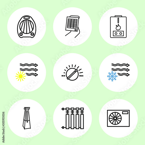  Set icons of heaters, household appliances on a white background. Radiator, heater, heat system line icon. Heating  silhouette icons for web and mobile, modern minimalist flat design