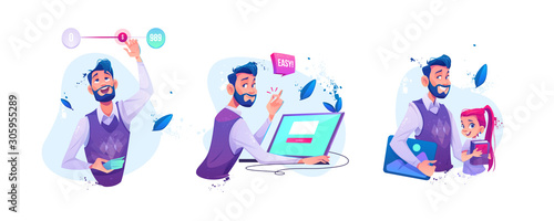 Businessman moving slider switch button for adjustable price or budget money limits. Man sitting at laptop snapping fingers make easy online order, teacher and schoolgirl. Cartoon vector illustration