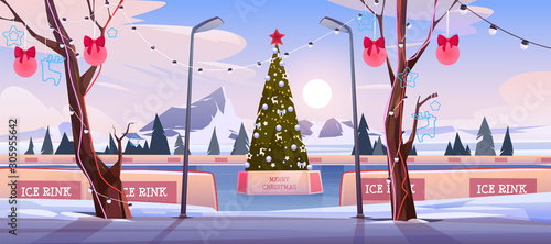 Christmas ice rink with fir tree decorated with illumination and festive baubles. Empty public place in park for skating walking and recreation on winter mountain landscape Cartoon vector illustration