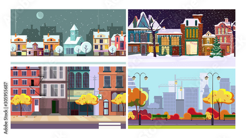 Fototapeta Naklejka Na Ścianę i Meble -  City in winter and in autumn flat vector illustration set. Buildings, streets, park. City life and nature concept