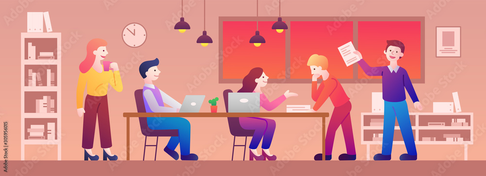 Business idea generation. Marketing strategies, investment opportunities discussion. Start up launching, business success, brainstorm meeting concept. Cartoon style Vector illustration