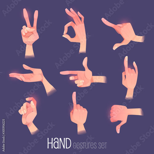 Hand gestures set. Human palm in different positions gesturing, show direction, victory, ok thumb down pointing express emotions with fingers isolated on purple background Cartoon vector illustration.