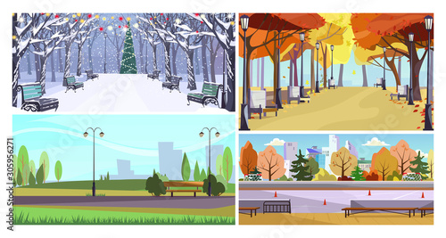 City parks flat vector illustration set. Christmas tree, autumn view, summer park. Tourism and nature concept