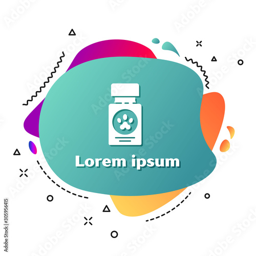 White Dog medicine bottle and pills icon isolated on white background. Container with pills. Prescription medicine for animal. Abstract banner with liquid shapes. Vector Illustration