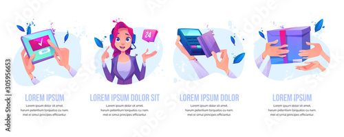 Online order, 24 hour call service operator customers support, pos-terminal card paying, purchase delivery banners or icons set. Shopping and consumerism posters design. Cartoon vector illustration