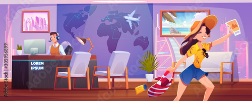 Woman in travel agency. Happy girl in summer clothes rejoice for buying tour and going on vacation. Operator sitting at desk in office selling tickets. Touristic business. Cartoon vector illustration