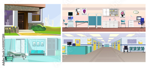 Hospital flat vector illustration set. Hospital inside with reception, doctors office, ward. City infrastructure concept