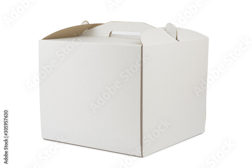 Large cardboard box with a handle for carrying a cake