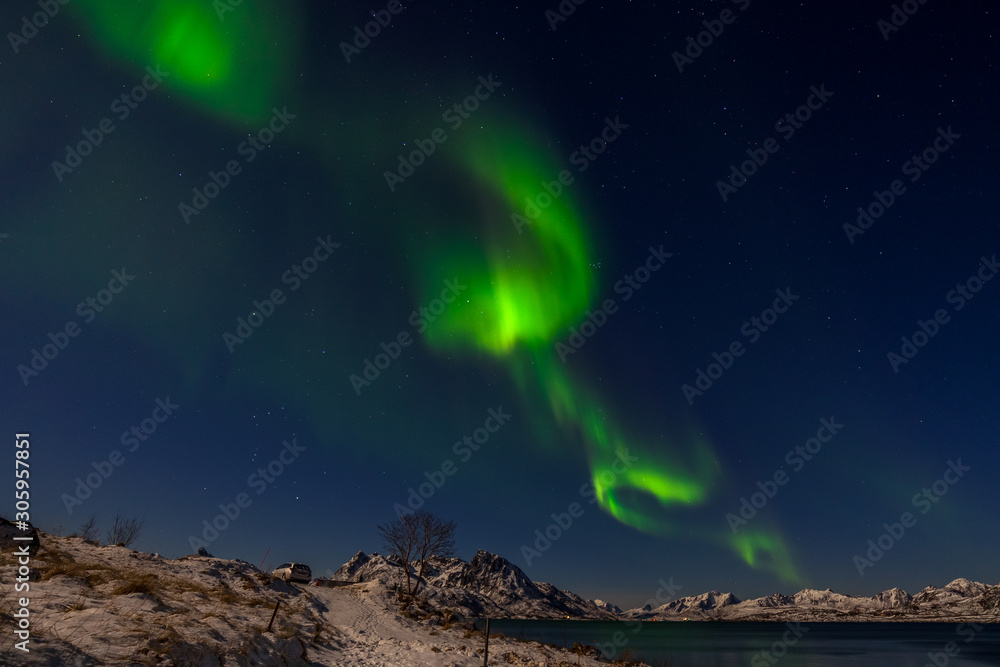 beautiful aurora borealis, polar lights, over mountains in the North of Europe - Lofoten islands, Norway beautiful aurora borealis, polar lights, over mountains in the North of Europe - Lofoten islands, Norway