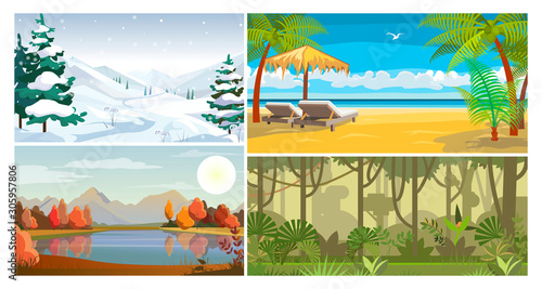Nature in all seasons flat vector illustration set. Winter and autumn in mountains, tropical island, jungle. Tourism and nature concept