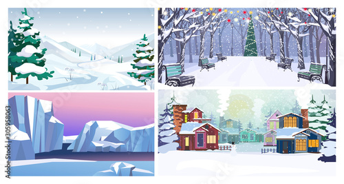Nature in winter flat vector illustration set. Winter in mountains, park, glaciers, country. Tourism and nature concept