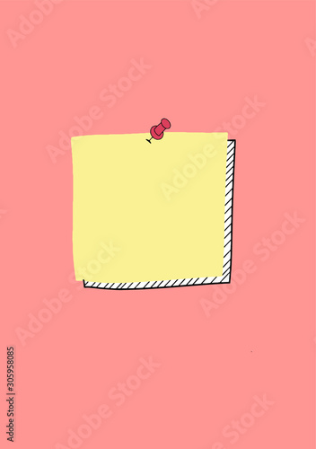 Yellow sticky note, reminder, to do list, post it in doodle with red pin. style doodle isolated on pink background. Vector notepapers, photoframes. Doodle vector illustration. Hand drawn vintage.