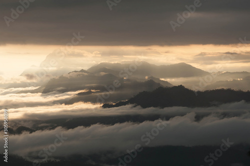 beautiful sunrise and fog view point at Huai Nam Dang National Park chiangmai province , thailand © yOs