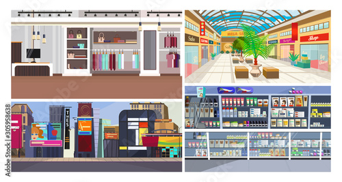 Shopping centers flat vector illustration set. Shop, store, supermarket, boutique. Shopping concept