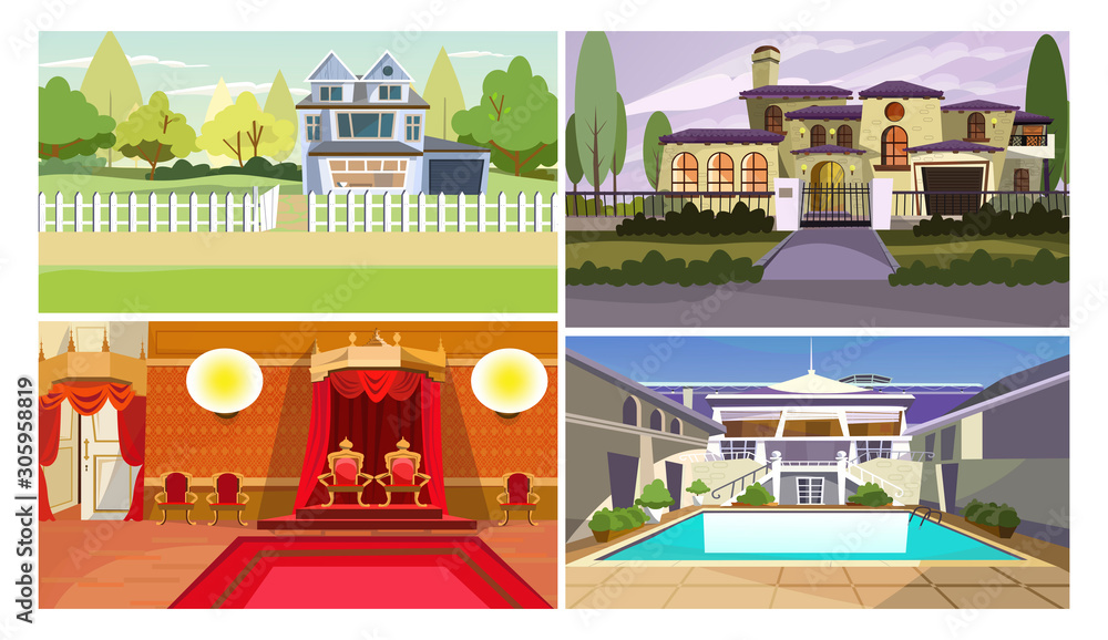 Sightseeing flat vector illustration set. Palace, hotel, houses. Tourism and nature concept