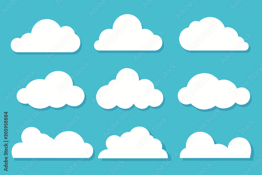 White clouds flat design set on blue sky background. Vector illustration