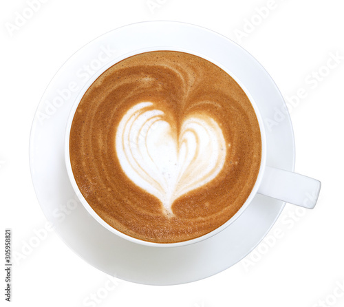 Hot coffee cappuccino latte art heart shape in ceramic cup top view isolated on white background, clipping path