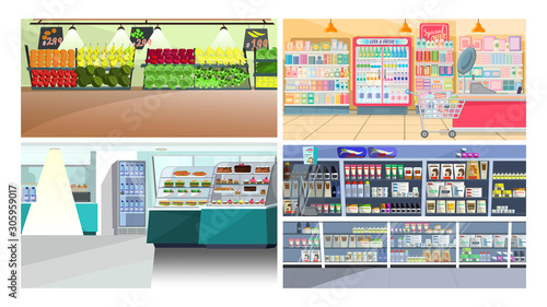 Supermarkets flat vector illustration set. Food  culinary  household chemicals. Shopping concept