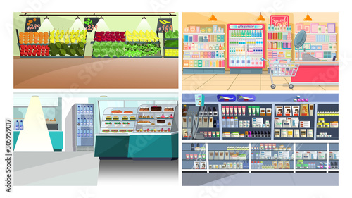 Supermarkets flat vector illustration set. Food, culinary, household chemicals. Shopping concept