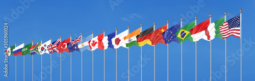 Waving flags countries of members Group of Twenty. Big G20 21–22 November 2020 in the capital city of Riyadh, Saudi Arabia. Blue sky background. 3d rendering. Illustration.