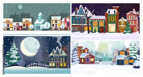 Winter town flat vector illustration set. Winter city landscape with snow, cozy houses, moon, Christmas tree. Tourism and nature concept