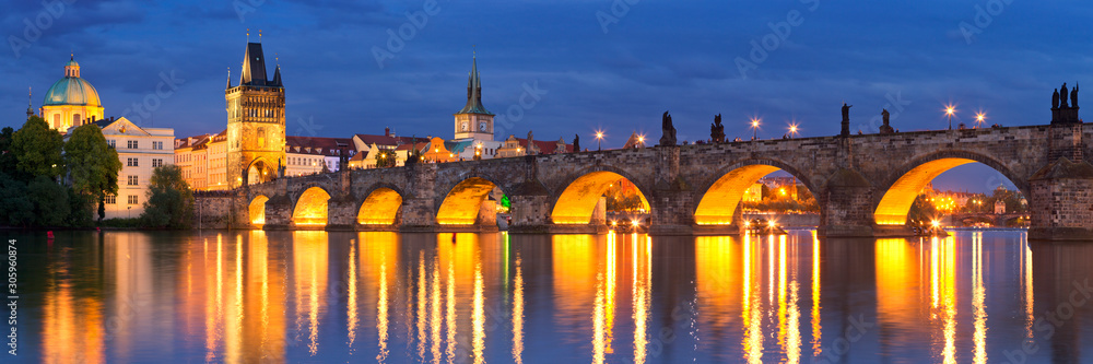 The Charles Bridge in Prague, Czech Republic at night