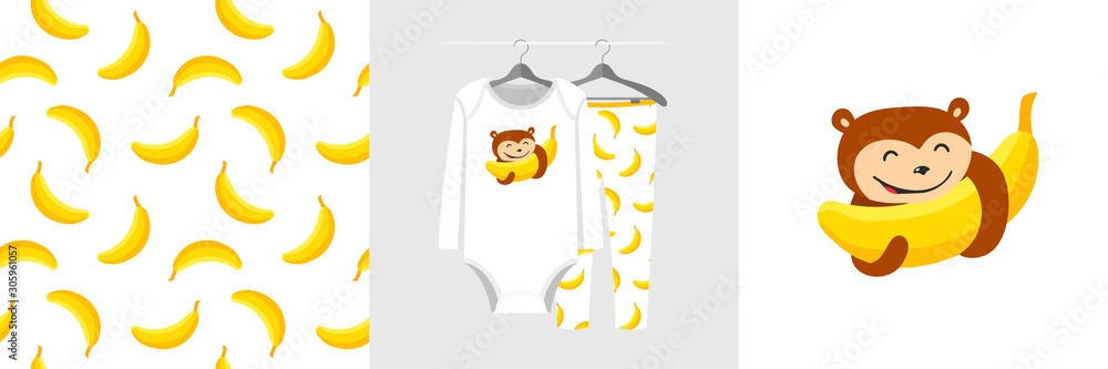 Obraz premium Seamless pattern and illustration for kid with monkey abd banana