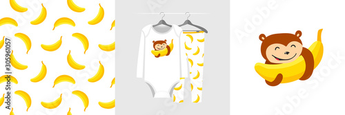 Seamless pattern and illustration for kid with monkey abd banana