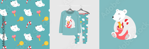 Seamless pattern and illustration for kid with polar bear and Christmas presents