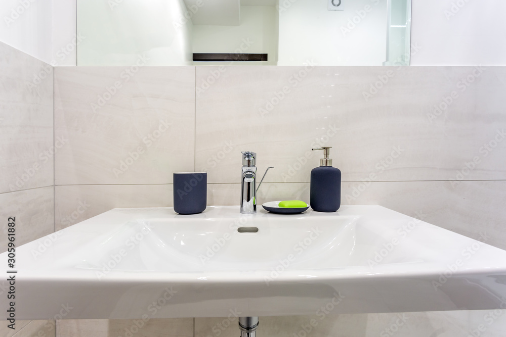 custom made wallpaper toronto digitalSoap and shampoo dispensers near Ceramic Water tap sink with faucet in expensive loft bathroom