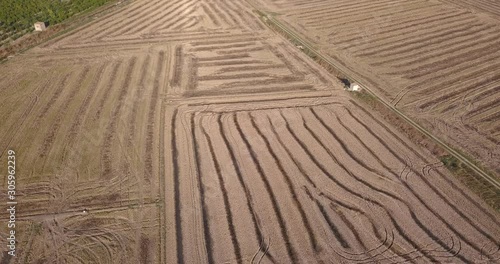 Drone shot over reaped fields season. Valencia, Spain
