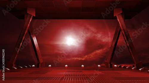 Cuadro en lienzo sci fi  corridor with view of space galaxy 3d rendering