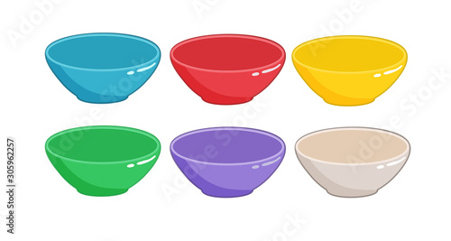Empty bowls of different colors isolated on white background. Set of vector food icons.