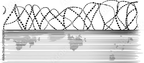 tangled sharp barbed wire stretched over a rough fence black on a white background